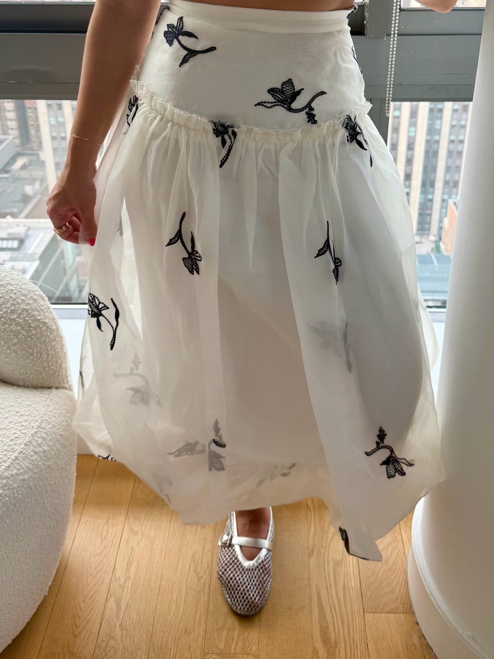 cinq a sept White Mixi Bubble Skirt with Black Floral Embroidery (never worn)